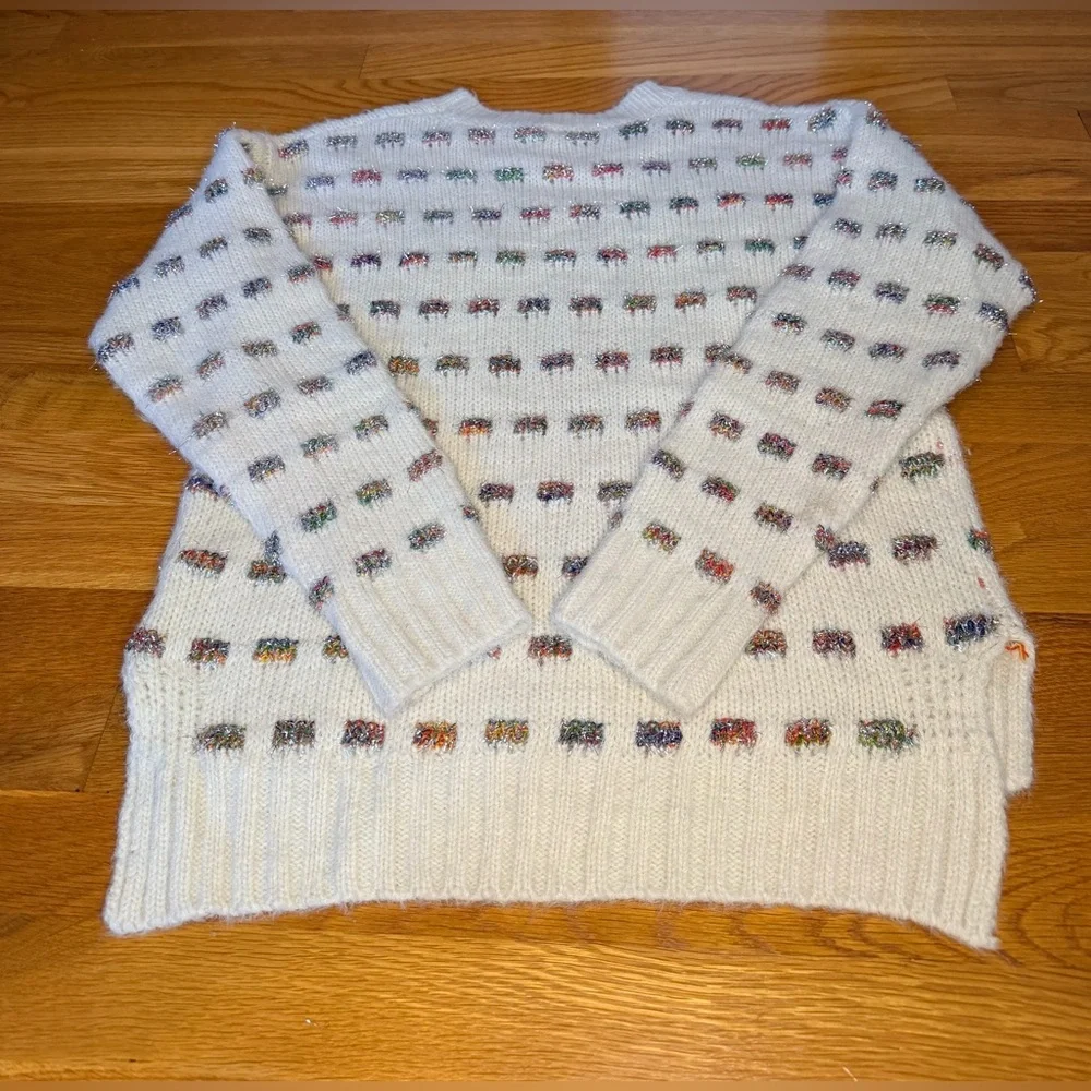 Moth Anthropologie Cream Knit Sweater Rainbow Confetti Fuzzy Cozy Pullover XS - Picture 4 of 11